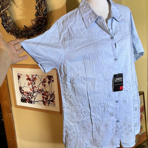 AVENUE Size 14/16 Eyelet CutOut Embroidered Button-front Linen Top  $69 NEW - Picture 2 of 13